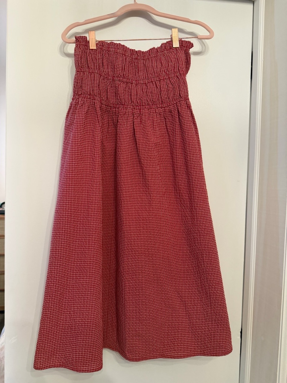 Smocked Waist Red Gingham Maxi Skirt